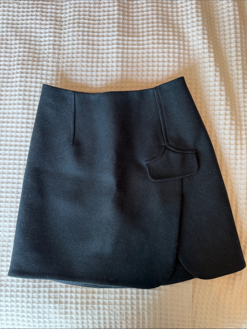 Carven Navy Wool Mini Skirt with Curved Wrap and Flap Pocket